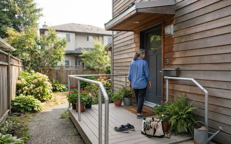 A single-storey laneway suite with a step-free entrance and wide doorway, positioned near the main house on a residential lot