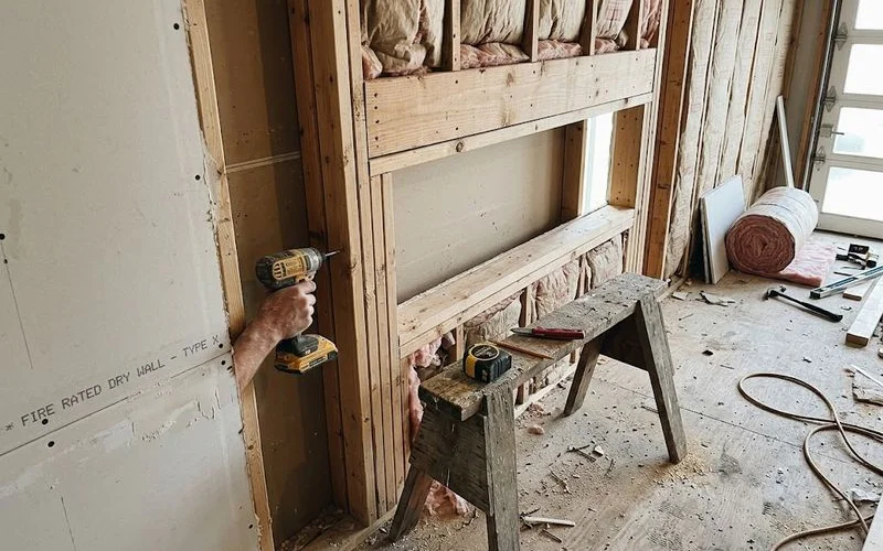 A garage conversion in progress showing a fire-rated wall assembly and a newly framed egress window opening
